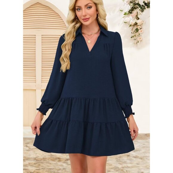 Long Sleeve Midi Dress Polyester Pleated A-Line Casual for Women - Picture 3 of 6